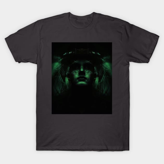 Portrait, digital collage, special processing. Dark, strong. Guy face looking up high. Fantasy. Green. T-Shirt by 234TeeUser234